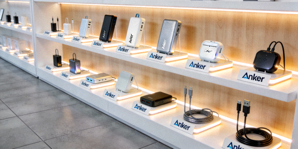 Anker多系列充电产品在整洁展厅中陈列展示