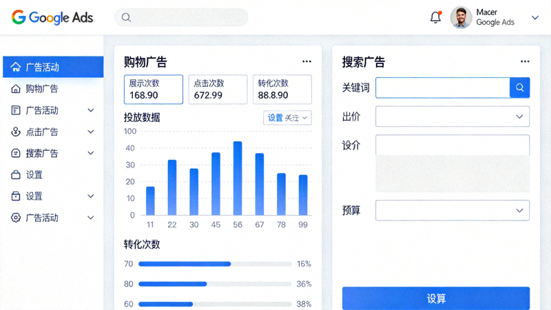 Google Ads后台截图，展示购物广告和搜索广告的投放数据与设置界面