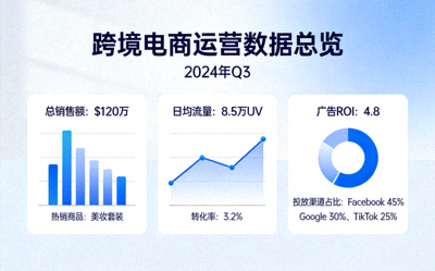 跨境电商数据分析仪表盘，展示销售、流量、广告等关键指标