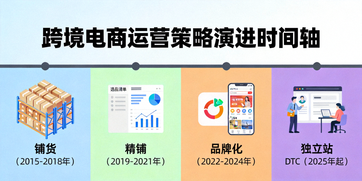 跨境电商运营策略演进时间轴图示，展示从铺货、精铺到品牌化、DTC的四个阶段