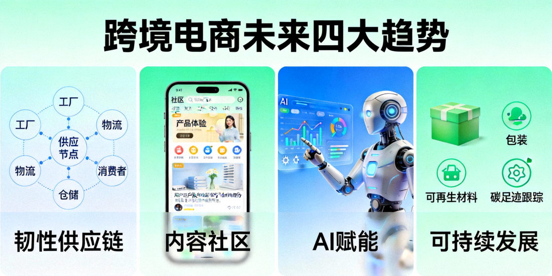 描绘跨境电商未来四大趋势：韧性供应链、内容社区、AI赋能、可持续发展的概念图