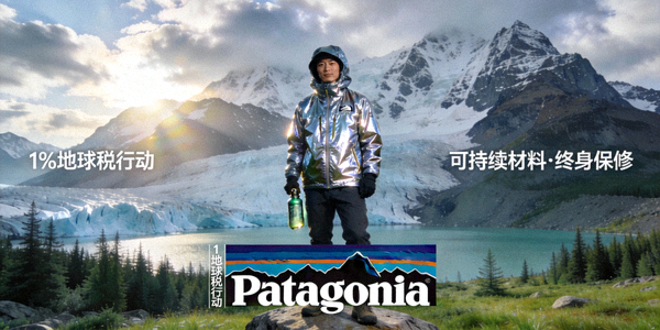 Patagonia户外服装在自然环境中展示，强调环保与可持续理念