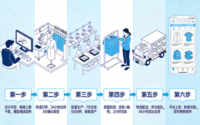SheIn敏捷供应链示意图，展示从设计到上架的快速流程