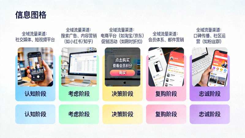 用户购买旅程与全域流量渠道对应关系图，展示从认知到忠诚的全过程
