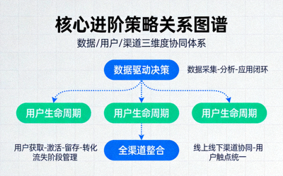 展示数据驱动决策、用户生命周期、全渠道整合等核心进阶策略的关系图谱