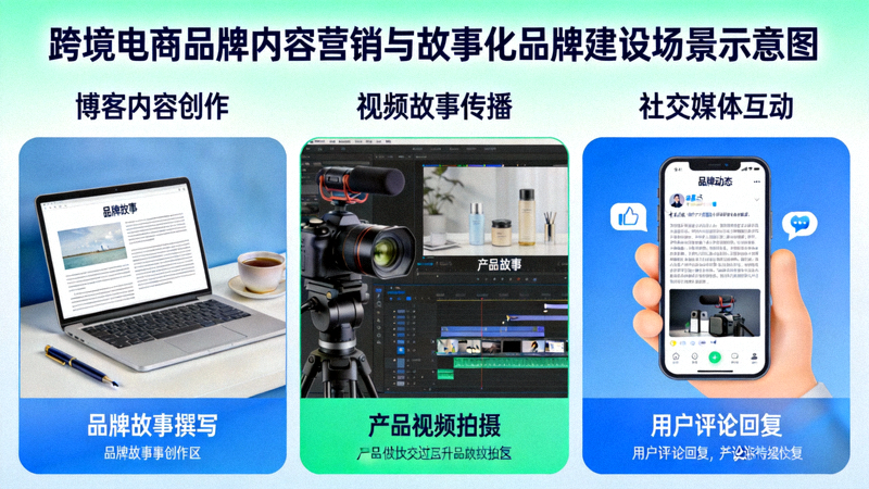 跨境电商品牌通过博客、视频和社交媒体进行内容营销和故事化品牌建设的场景示意图