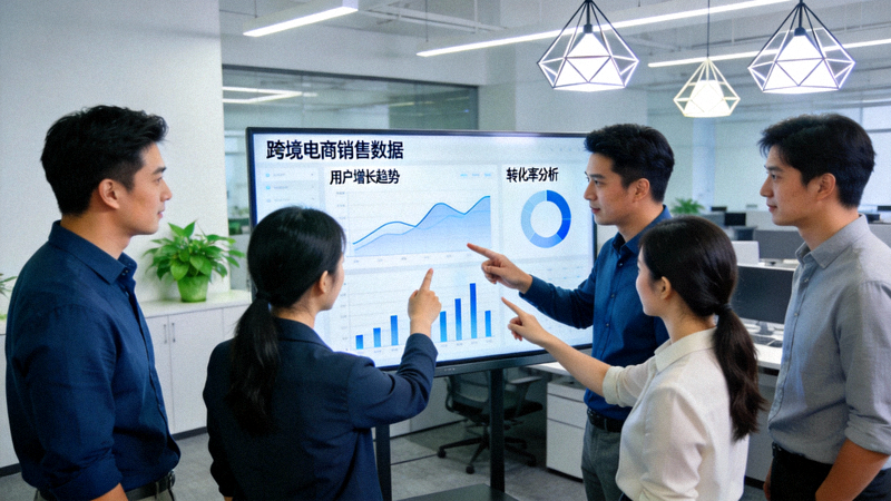 跨境电商团队围绕数据看板进行业务讨论和决策的现代化办公场景