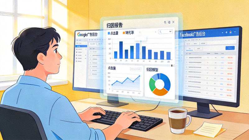 跨境电商运营者在电脑前分析Google和Facebook广告后台数据与归因报告的可视化图表