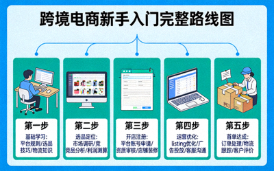 跨境电商新手入门完整路线图，展示从学习到首单的步骤