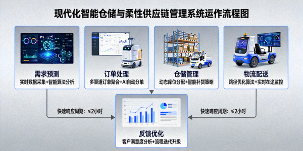 现代化智能仓储与柔性供应链管理系统的运作流程图，展示快速反应能力