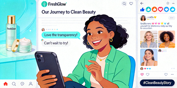 一个新兴DTC品牌通过社交媒体讲述品牌故事并与海外消费者建立情感连接的场景