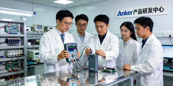 Anker产品研发实验室场景：工程师正在测试充电宝产品性能