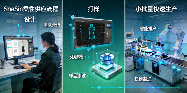 SheIn柔性供应链示意图：展示从设计、打样到小批量快速生产的数字化流程